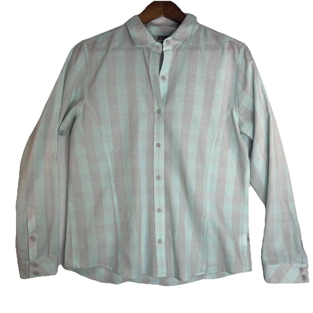 Stio Shirt Womens L Green Plaid Long Sleeve Button Up Cotton Linen Blend Preppy